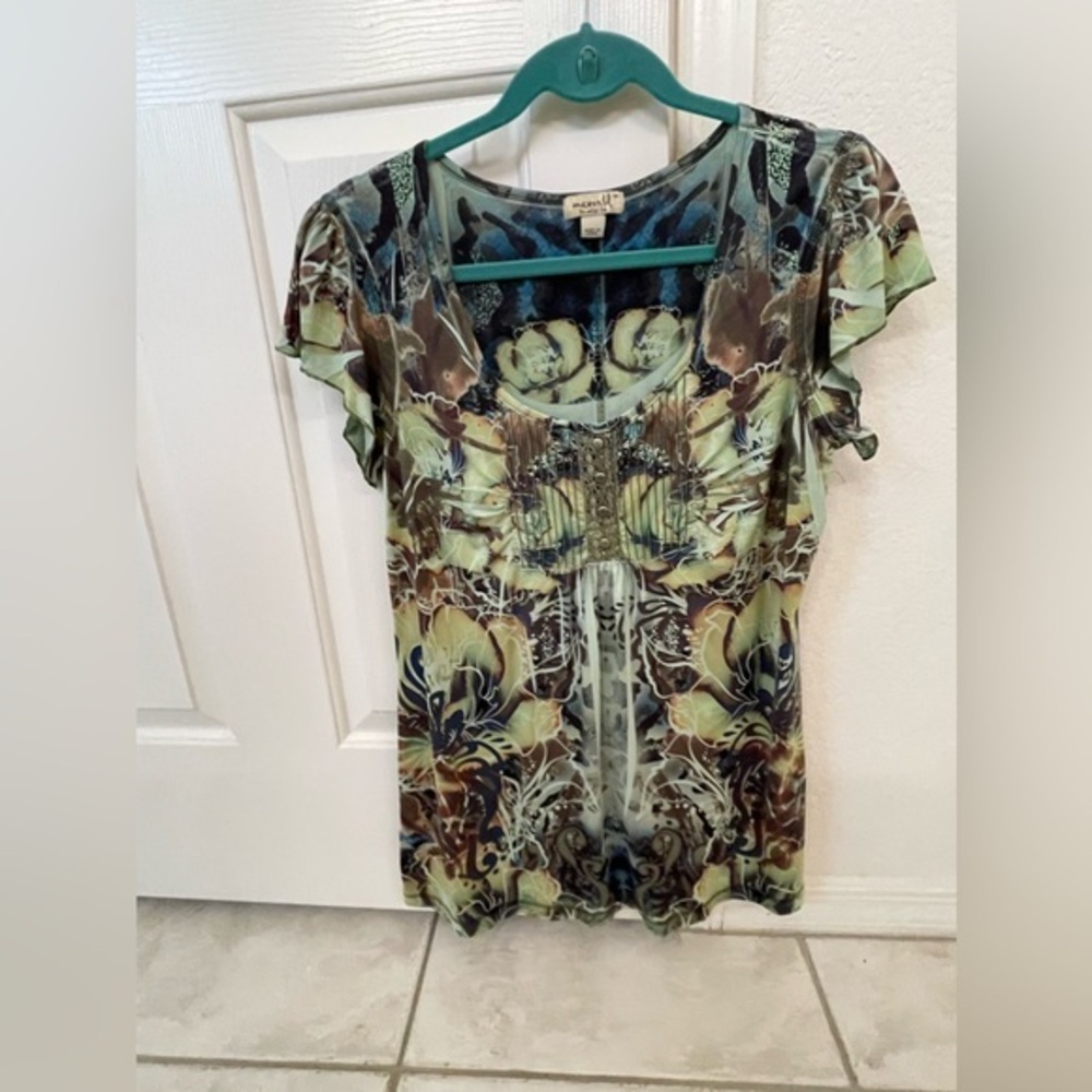 One World Print Peasant Top Tunic Size M